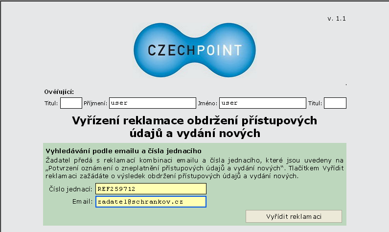 3.2.5 Bylo zadáno nesprávné jednací číslo Pokud není na serveru Ministerstva vnitra pod žadatelem uvedeným číslem jednacím nalezena evidovaná žádost o zneplatnění přístupových údajů, zobrazí se