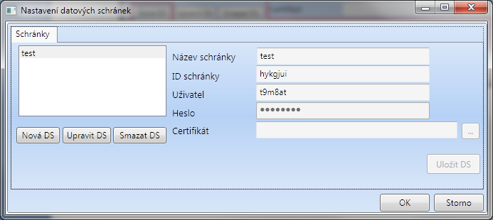 schránek. Stiskem tlačíka Nová DS se povolí úprava polí pro zadání ID datové schránky, jména uživatele a hesla, kterým se bude k datové schránce přistupovat.