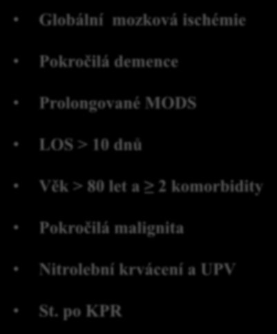 Konzultační model paliativní péče na ICU Globální mozková ischémie Pokročilá demence Prolongované