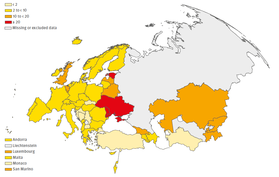 HIV infections per 1 population, all cases reported for 212 (ECDC) Source: ECDC,