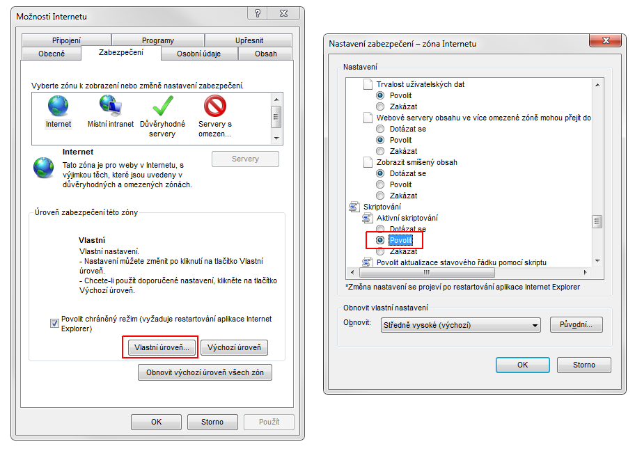 Microsoft Internet Explorer nabídka Nástroje > Možnosti Internetu >