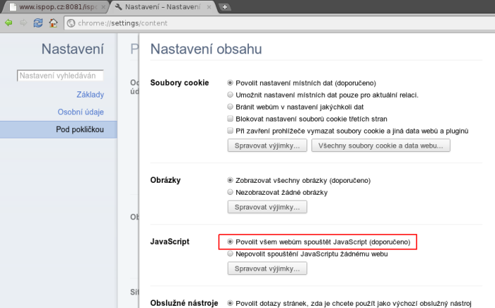 Google Chrome nabídka Nastavení > Pod pokličkou > Nastavení obsahu