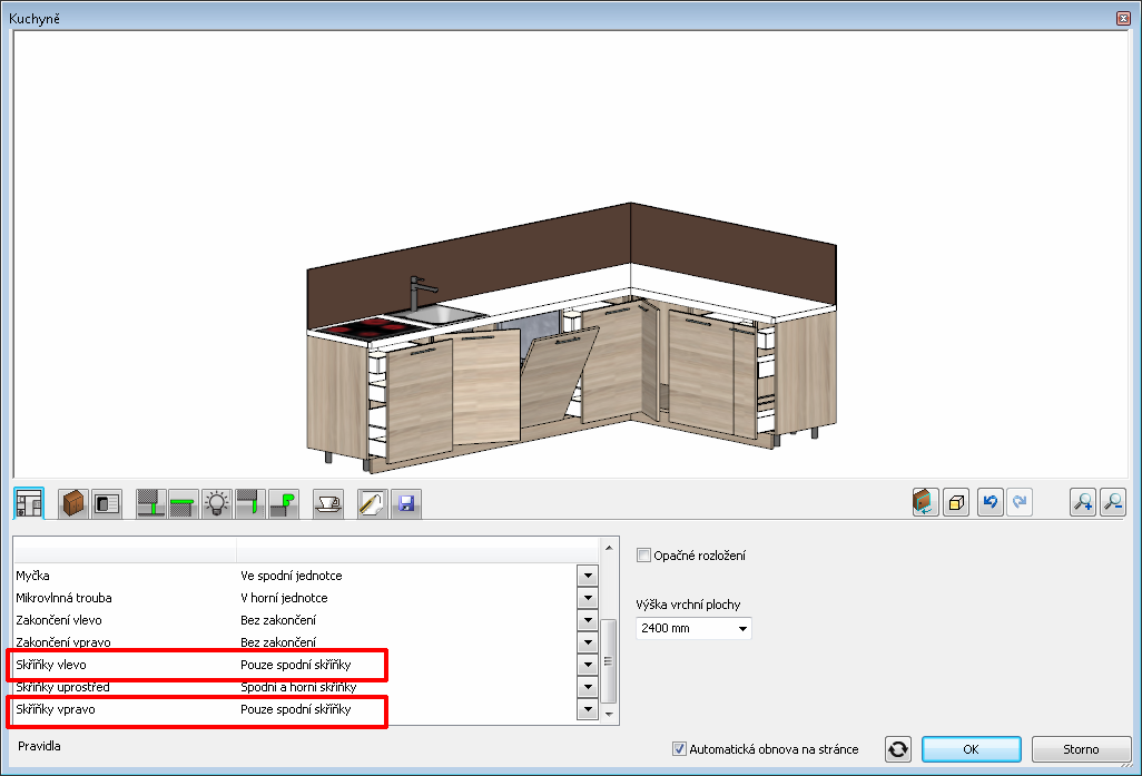 10 ARCHline.XP 2014 Novinky Vypněte pečící troubu a ledničku Zobrazte dialogové okno atributů kuchyně. Vyberte kuchyň v půdorysném plánu a klikněte na tlačítko Atributy.