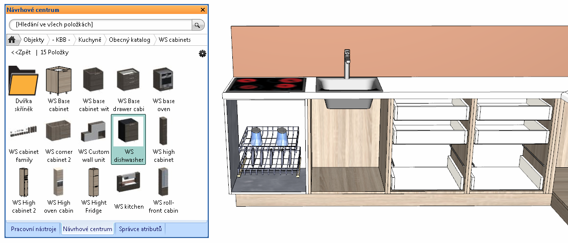 12 ARCHline.XP 2014 Novinky Výměna myčky za sporák 2 Kliknutím na plochu 3D okna aktivujte tento pohled. V návrhovém centru otevřete knihovnu Objekty KBB Kuchyně Obecný katalog WS cabinets.