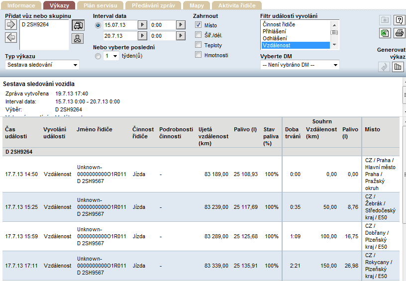 7) Zobrazení stazky (historické polohy formou výkazu) Výkaz sestavy sledování umožňuje při aktivovaných balíčcích Spotřeba a ekonomika a Mapa a sledování zobrazit jakoukoli kombinaci událostí