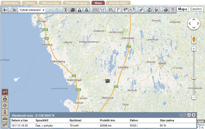 3) Mapa zobrazení aktuální polohy vozidla Zobrazit aktuální polohu vozidla, lze udělat dvěma způsoby: Kliknutím na záložku mapy a vozidlo najít Jednodušší způsob ale je, kliknout pravým tlačítkem
