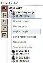 V menu můžete zvolit volby: Najít na mapě pak se vám zobrazení mapy zaměří přímo na zvolené vozidlo, vozidlo bude označeno rámečkem a ve spodní části mapy se zobrazí stavový řádek ve kterém jsou