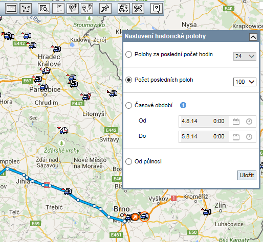 5) Historická poloha zobrazení Vyberte na mapě auto, pro které chcete historickou polohu zobrazit. Buď kliknutím přímo na mapě nebo přes volbu Najít na mapě jak bylo popsáno výše.