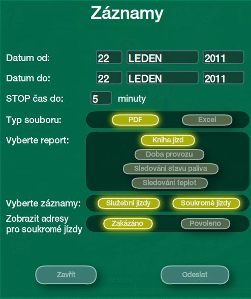 V závislosti na instalaci přepínače služebních/soukromých jízd je možné rozlišit tyto jízdy.