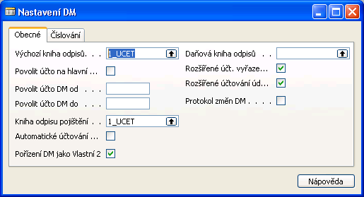 3. Nastavení Obecné nastavení V rámci základního nastavení dlouhodobého majetku v menu SPRÁVA NASTAVENÍ APLIKACE SPRÁVA FINANCÍ NASTAVENÍ DM lze provést zapnutí / vypnutí funkcionalit Rozšířeného