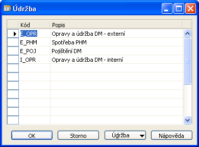 Číselník Údržba umožňuje definovat kódy údržby a pro tyto kódy pak může být nastaveno rozdílné účtování údržby.