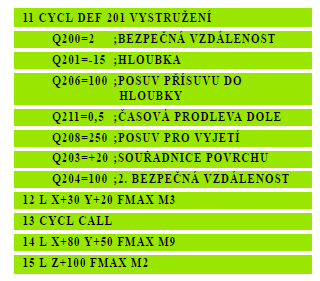 Zpětný posuv Q208 pojezdová rychlost nástroje při vyjíždění z díry v mm/min.