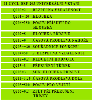 17.4 Univerzální vrtání (cyklus 203) Bezpečná vzdálenost Q200 (inkrementálně) vzdálenost hrot nástroje-povrch obrobku.