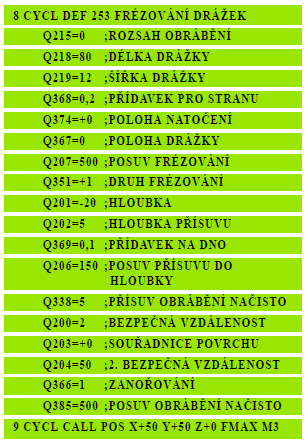 19.4 Kruhová drážka (cyklus 254) Rozsah obrábění (0/1/2) Q215: definice rozsahu obrábění: 0: hrubování a dokončování 1: pouze hrubování 2: pouze dokončování Šířka drážky Q219: hodnota rovnoběžně s