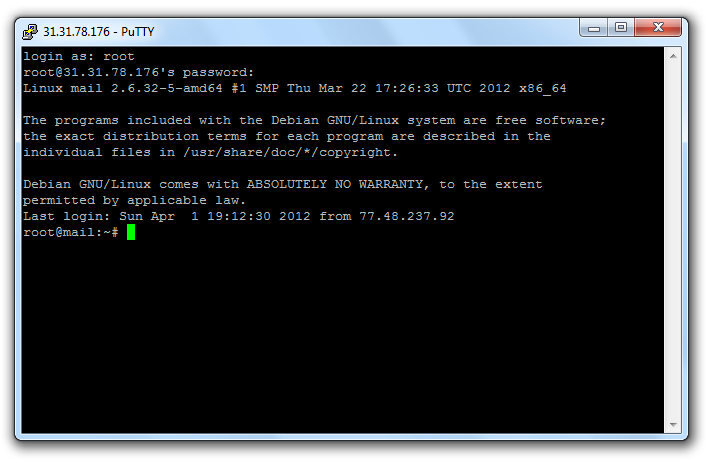 6.4 Instalace Postfix Obrázek 13 - Připojení k SSH za pomocí programu PuTTY Tato podkapitola s instalací Postfixu je zpracována převážně podle zdrojů [23], [24], [25], [26], [27], [28], [29].