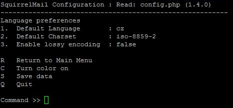 Obrázek 19 - Nastavení serveru programu SquirrelMail Další změna v konfiguračním nástroji bude provedena v sekci Languages, kde je potřeba nastavit výchozí jazyk na kód cs_cz a kódování na iso-8859-2.