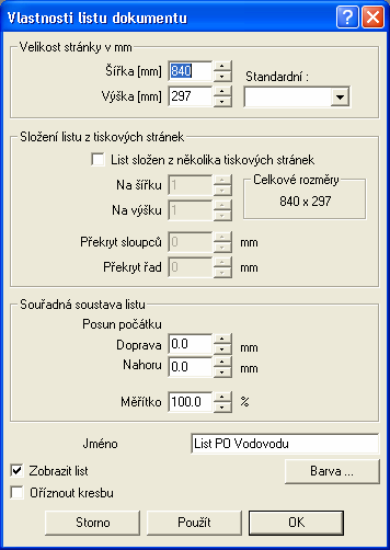 Po načtení vzoru se otevře dialog pro nastavení rozměrů výkresu (formát papíru), skladby