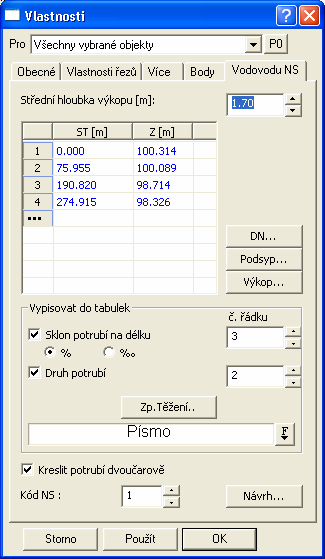 Profily a druhy potrubí Kód NS je určen pro jednoznačnou identifikaci potrubí pro výstupní funkce. Kód nabývá hodnot od 1 výše. Tlačítkem Použít se zadaná data použijí a objekt potrubí se překreslí.