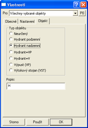 Při změně typu hydrantu se automaticky mění popis. Dialog se snaží při změně typu zachovat číslo za názvem typu a oddělené mezerou.