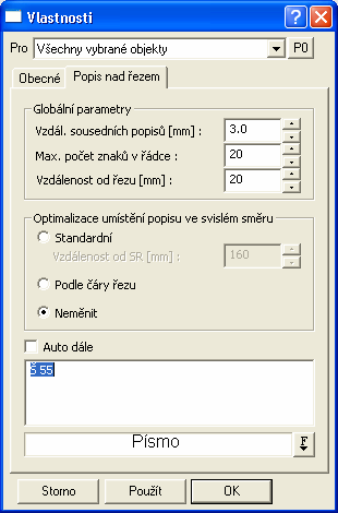 Dialog se dělí na tři části. V první se nastavují globální parametry platné pro všechny popisy. Druhá část obsahuje individuální nastavení popisů.