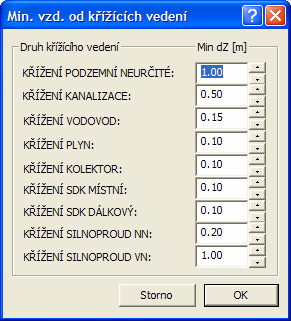 Stiskem tlačítka Vzd. křížení se otevře dialog Nastavení minimálních vzdáleností od křížících vedení (strana 78), ve kterém lze změnit minimální přípustné vzdálenosti k okolním křížícím vedením.