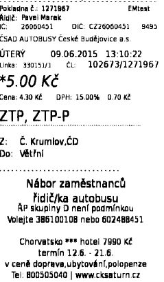 1.9. Vzor jízdenek vydávaných v autobusech ČD BUS ŠUMAVA Autobusová