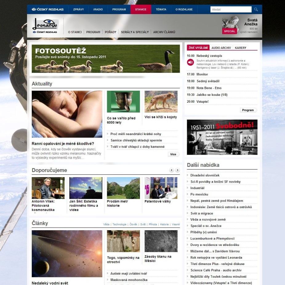 INTERNET Český rozhlas Leonardo Web rozhlasové stanice Český rozhlas Leonardo www.leonardo.rozhlas.cz Web Českého rozhlasu Leonardo je integrální součástí internetové prezentace celého Českého rozhlasu, s níž sdílí grafickou podobu.