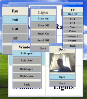 Alternativní ovládání domácích zařízení Control of home appliances (TV, radio, lights, windows, fans), personalized GUI configuration (map of flat, icons, listing of