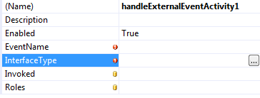 Obrázek 22: Aktivita HandleExternalEvent v Toolboxu Po vložení aktivity nám opět červený vykřičník u vlastností InterfaceType a EventName prozradí, že je nutné tyto vlastnosti doplnit.