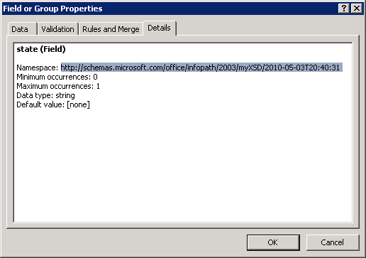 Obrázek 63: Zjištění namespace formuláře v MS InfoPath K editaci XML souboru můžeme zvolit v.netu více cest, my zde použijeme namespace System.Xml.