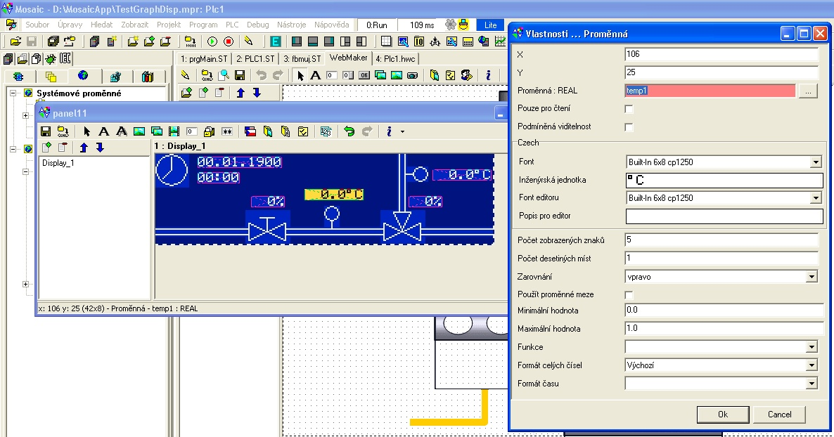Obr. 4 Ukázka editoru pro programování grafických panelů Tecomat PanelMaker a grafický Panel Maker - nástroje pro definici obrazovek na operátorských panelech Součástí Mosaicu jsou i specializované