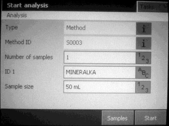 Zobrazí se úvodní obrazovka programu (S0003), na níž vyplňte sample size 50 ml (V KNK ) a pak stiskněte tlačítko [Start]. Zobrazí se okno Add sample. 3.