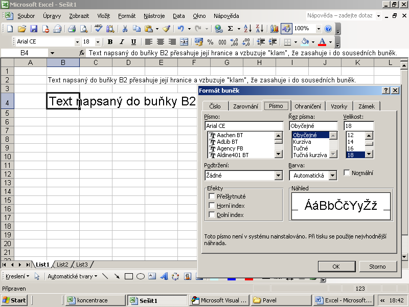 Text psaný v MS EXCEL Tak jako MS WORD umí provádět výpočty v tabulkách (ale není pro výpočty přímo konstruován), je moţno v prostředí MS EXCEL psát text, ale nároky na jeho úpravu, na které jsme si