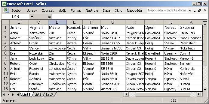 Řazení dat v databázi uspořádané do tabulky MS EXCEL Data, která nejsou nijak logicky (vzorce funkce ) vázaná a přesto k sobě patřící, která uspořádáme do tabulky, tvoří databázi.