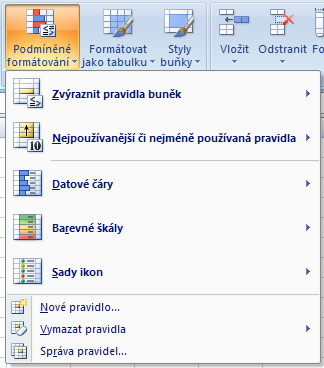 2.4 Podmíněné formátování buněk Jak název napovídá, podmíněné formátování buněk naformátuje buňky v závislosti na jejím obsahu.