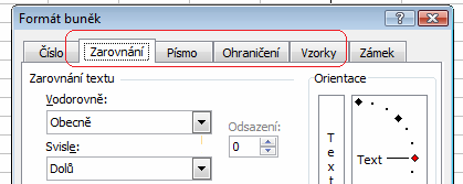 Více možností na zarovnání obsahu buňky je pak dostupné přes menu Formát Buňky v záložce Zarovnání, kde si můžeme např. zvolit i orientaci písma (našikmo, svisle ).