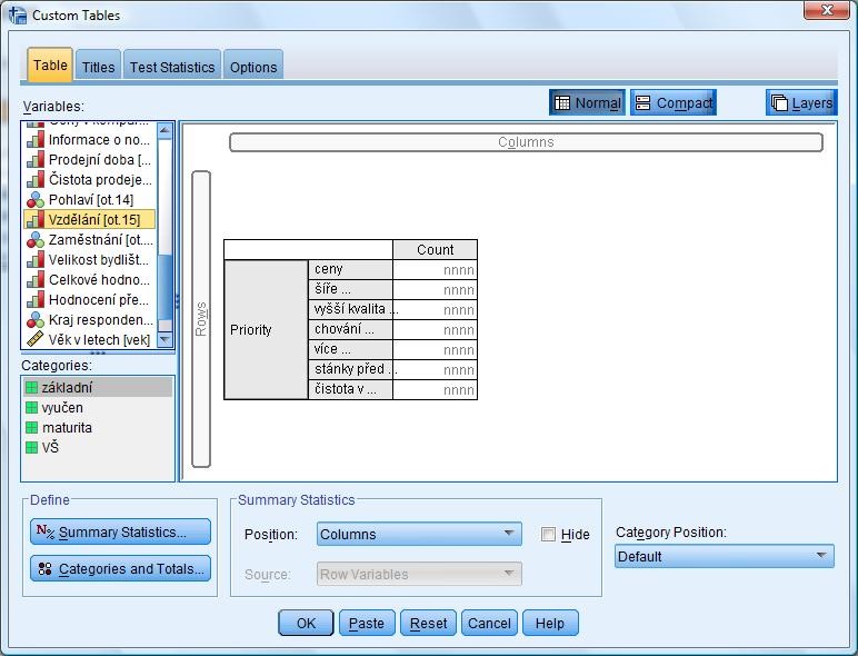 ) a jejich zobrazení přímo ve výstupní tabulce IBM SPSS Custom Tables výsledky statistických testů lze zobrazit ve výstupní tabulce IBM SPSS Custom Tables místo v samostatných tabulkách, čímž odpadá