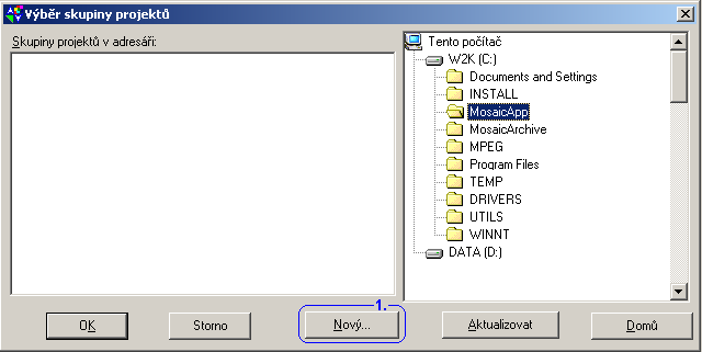 2 Dialog pro otevření skupiny projektů Nejprve se otevře okno dialogu pro výběr skupiny projektů, do které budou jednotlivé projekty umístěny.