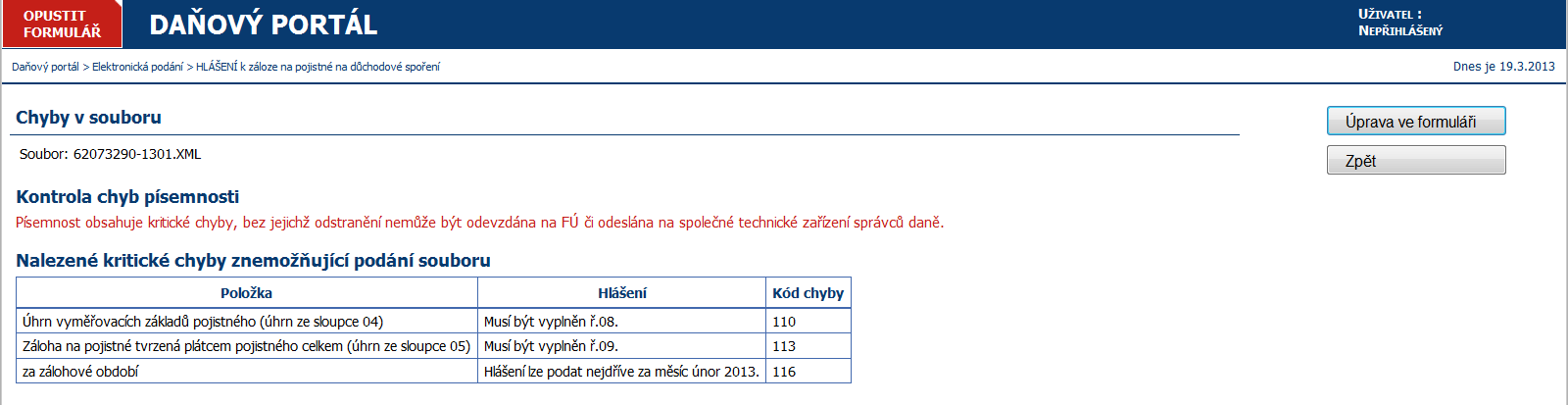 - dále najdeme a vyplníme vytvoření soubor xml dávky a dáme Načíst - pokud kontrola chyb písemností