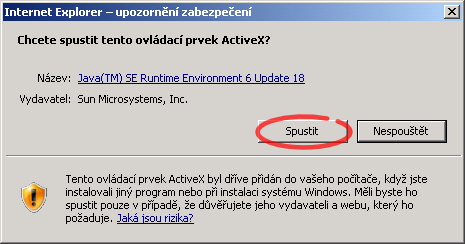 Obrázek 5: Upozornění Internet Exploreru 8 na požadavek spuštění doplňku java appletu.