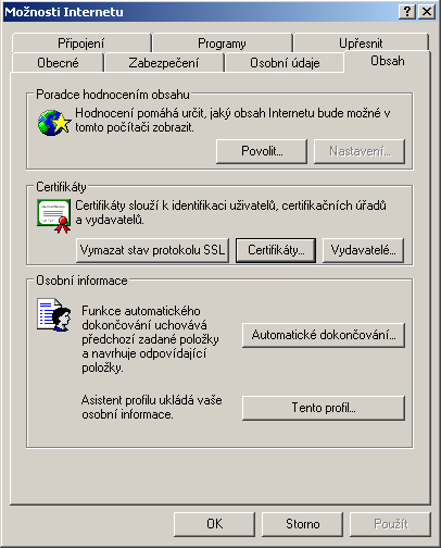 Obrázek 10: Výběr certifikátu k exportu Obrázek 9: Správa certifikátů v MS Internet Exploreru Obrázek 11: Volba exportu soukromého klíče pokud vám tato možnost není nabídnuta, byl certifikát