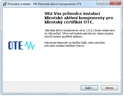 Instalační soubor se stáhne a uloží na disk, potom je nutno zobrazit naposledy stažené soubory kliknutím na šipku na obrázku níže, kliknout na soubor PKIComponet-OTE-setup.exe a tím spustit instalaci.