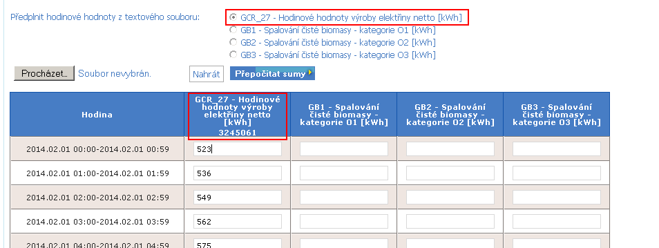 U některých položek výkazu je nutno zadat hodinové hodnoty vyrobené elektřiny. Na tyto hodnoty se zobrazí další tabulka pod tabulkou měsíčního výkazu, která může obsahovat více sloupců.