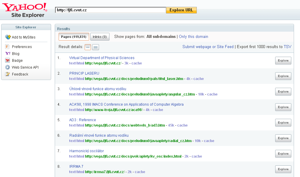 Yahoo Site Explorer