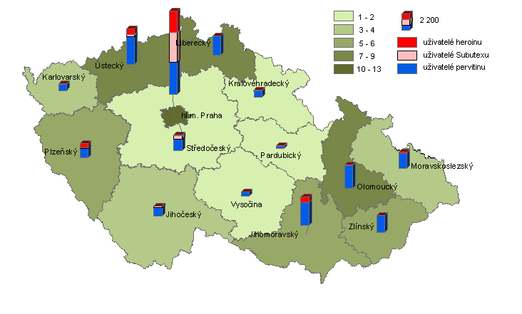 mapa 8-1: Počet problémových uživatelů drog na 1000 obyvatel ve věku 15 64 let a počet problémových uživatelů opiátů a pervitinu v krajích ČR v r.