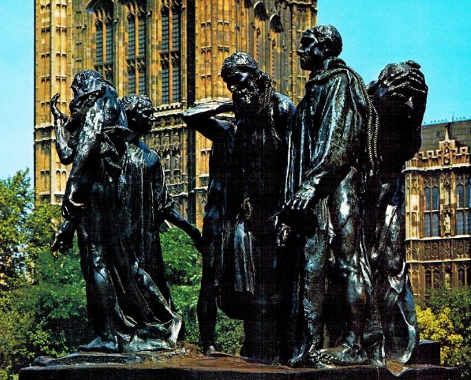 Auguste Rodin Měšťané z Calais o sousoší v zahradě britského parlamentu o skupina dobrovolně se obětujících mužů jdoucích