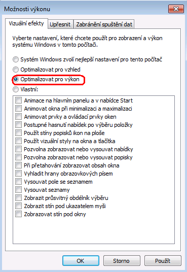 3. Karta Upřesnit 3.1. Optimalizace optimalizujte počítač na výkon. 3.1.1. V záložce Upřesnit zvolte nastavení výkonu. 3.1.2.