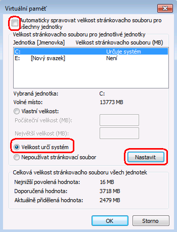 3.2.1. V možnostech výkonu vyberte záložku Upřesnit. Volba Služby na pozadí se hodí v případě, že PC používáte např. jako webový server. 3.3. Virtuální paměť nastavte stránkovací soubor na možnost Velikost určí systém.