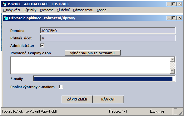 Další možností v nabídce Pomocné jsou Uživatelé aplikace: Obrázek 25 - uživatelé aplikace Údaje do odpovídající tabulky v databázi se zakládají automaticky vždy po spuštění aplikace iswinx z nového