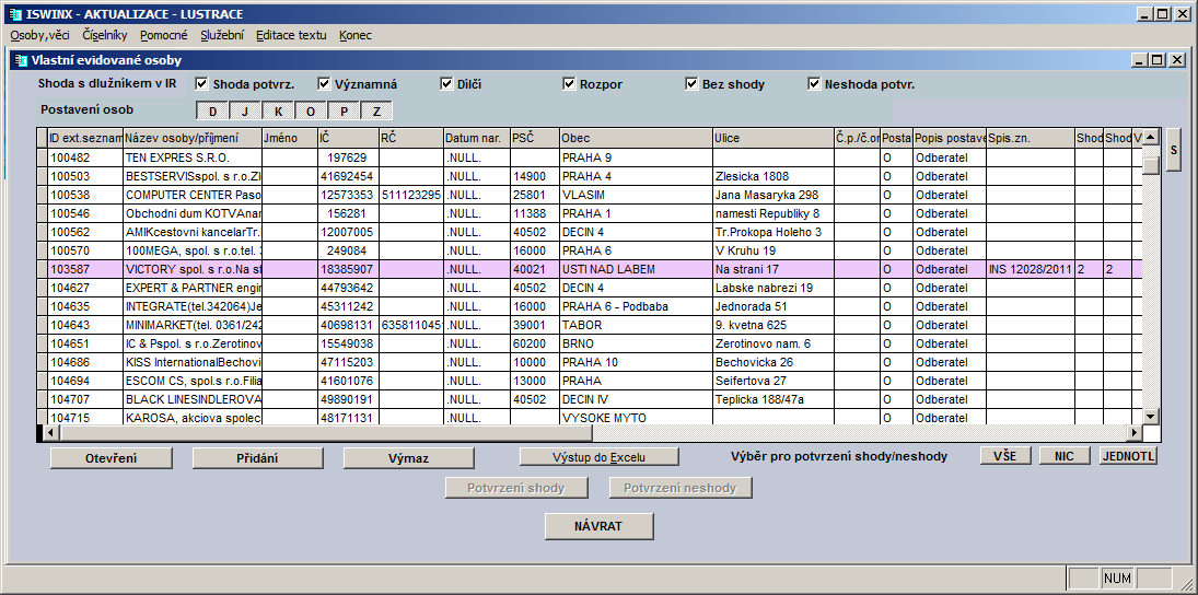 Vlastní evidované osoby Obrázek 11 - seznam vlastních evidovaných osob V horní části seznamu, který se zobrazí po zavolání této funkce jsou dvě skupiny filtrů.